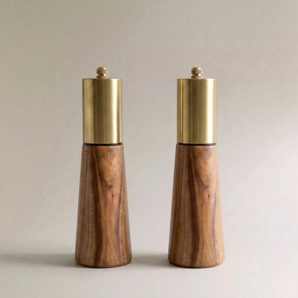 Acacia Wood Mill & Shaker Set | Brass Detail