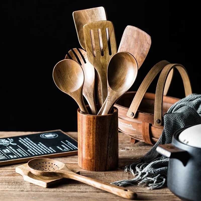 Acacia Wooden Kitchen Utensils Set – Spoons, Holder & Spoon Rest 9-Piece - View 5