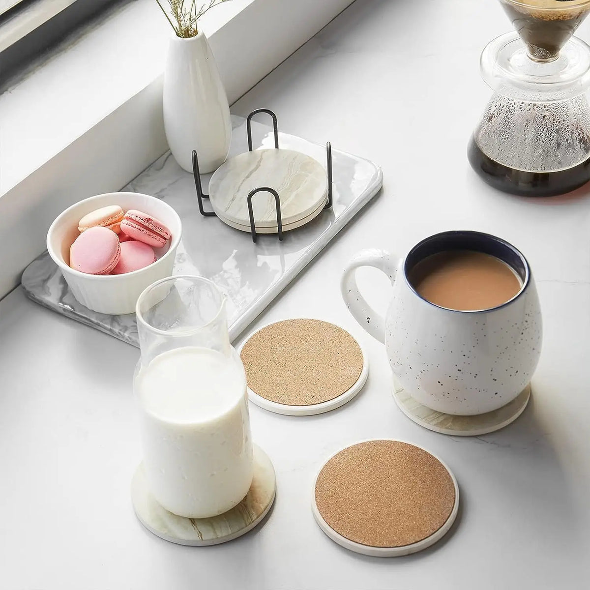 Marble Effect Ceramic Coaster Set – 6pcs with Holder, 10.2cm Drink Coasters for Table Protection - View 3