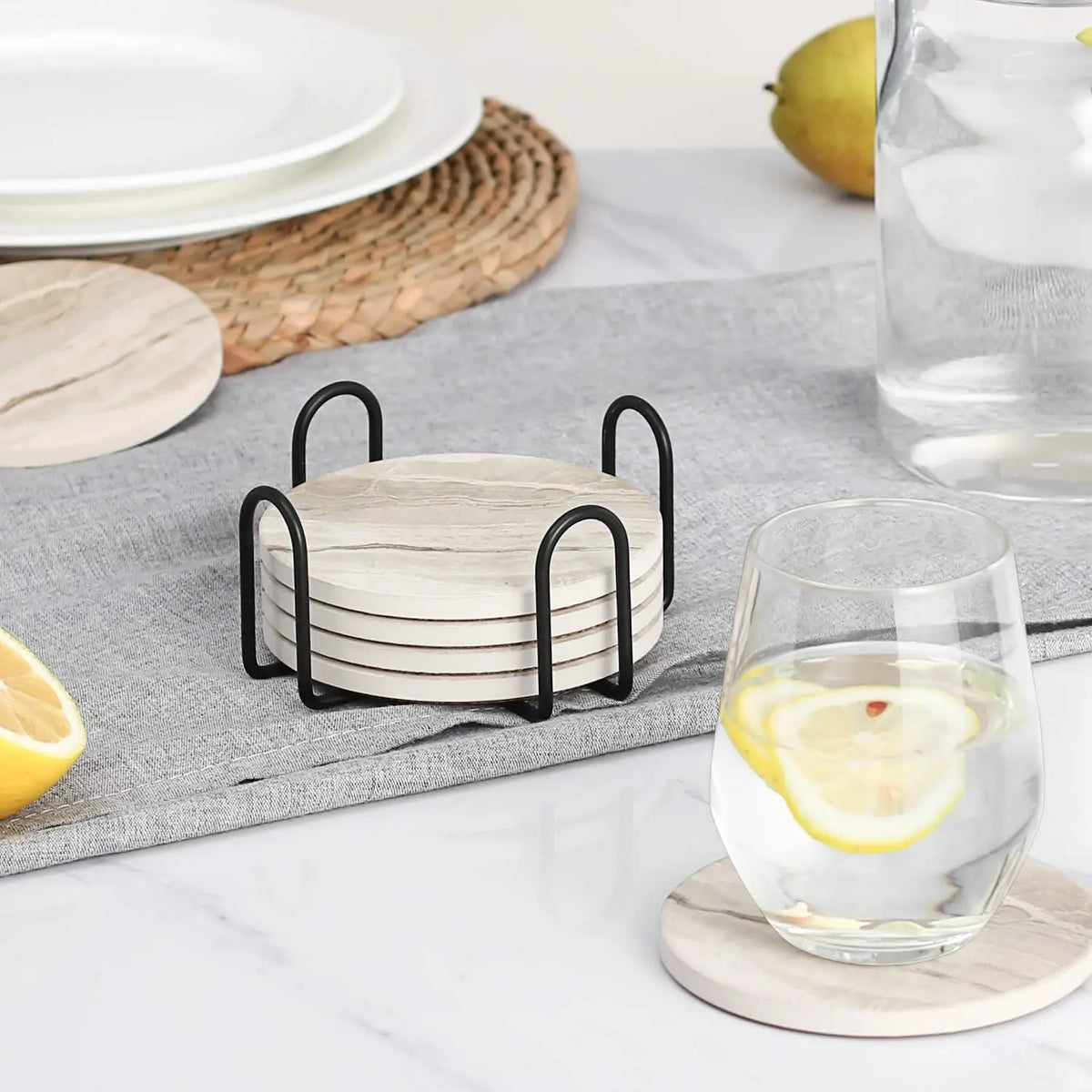Marble Effect Ceramic Coaster Set – 6pcs with Holder, 10.2cm Drink Coasters for Table Protection — image 2